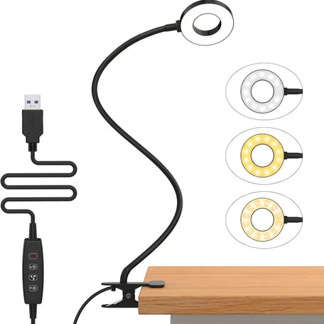 LED Clip-On Reading Light – 3 Colours, 10 Brightness Levels, Flexible Gooseneck