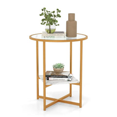 GOFLAME Tempered Glass Side Table – Modern End Table with Faux Marble Shelf