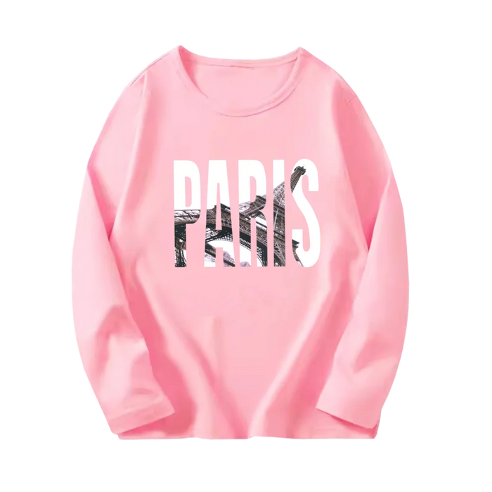 Girls' Paris Eiffel Tower Long-Sleeve Cotton T-Shirt, Pink1