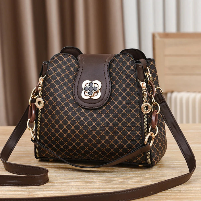 Luxury Bucket Shoulder Bag, Check Print Crossbody Handbag, coffee