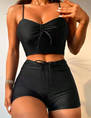 Coastal Curve High Waist Bikini Set with Drawstring Front Shorts