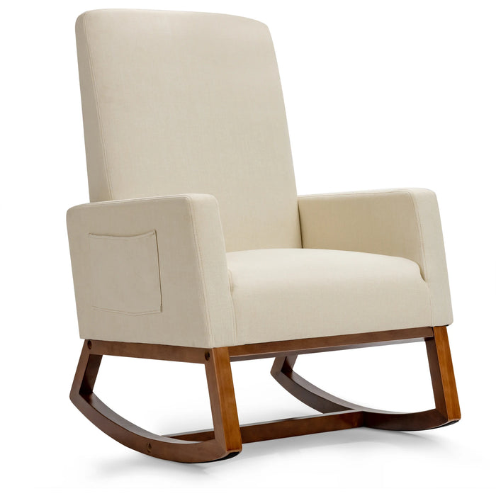 GOFLAME Modern Upholstered Rocking Chair, Fabric Armchair with Wooden Base, LIGHT GRAY and Beige