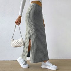 Women's Ribbed Maxi Skirt – High Waist Side Slit Slim Fit