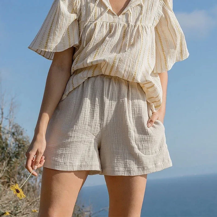 Women's 100% Cotton Muslin Shorts, High Waist Wide-Leg Summer Shorts