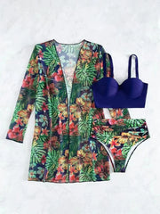 Tropical Glam 3-Piece Bikini Set – Push-Up Swimsuit with Long Sleeve Cover-Up