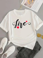 Love Letter Print Graphic T-Shirt – Casual Short Sleeve Women’s Tee