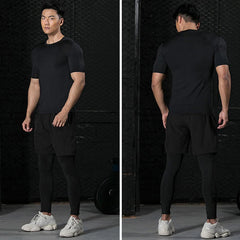 Men’s 3-Piece Compression Workout Set – Short Sleeve Top, Leggings & Shorts