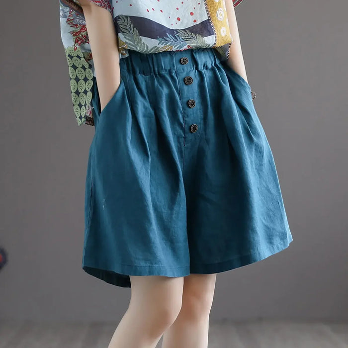 Women's High-Waisted Cotton Linen Shorts, Vintage Loose-Fit Wide-Leg