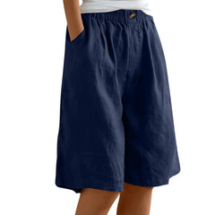 Women's Cotton Linen Capris – Loose-Fit Elastic Waist Shorts with Pockets