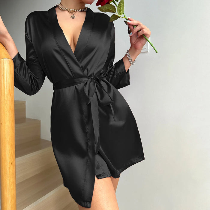 Silky Lace-Up Short Bathrobe, black