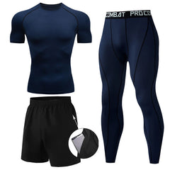 Men’s 3-Piece Compression Workout Set – Short Sleeve Top, Leggings & Shorts