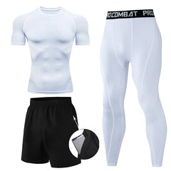 Men’s 3-Piece Compression Workout Set – Short Sleeve Top, Leggings & Shorts