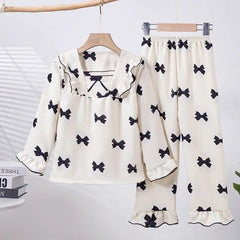 Girls’ Bowknot Rabbit Pyjama Set – Cute Long Sleeve Sleepwear