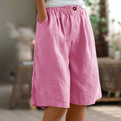 Women's Cotton Linen Capris – Loose-Fit Elastic Waist Shorts with Pockets