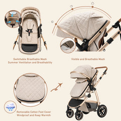 Luxurious 3-in-1 Baby Stroller – Portable High Landscape Folding Pram with Aluminum Frame