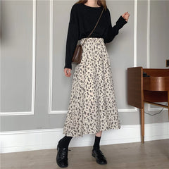 Women's Vintage Floral Midi Skirt – High Waist A-Line Pleated Skirt