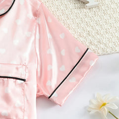 Girls’ Satin Silk Heart Print Pyjama Set – Soft Summer Sleepwear