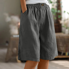 Women's Cotton Linen Capris – Loose-Fit Elastic Waist Shorts with Pockets