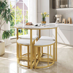 Modern Round Marble Dining Table Set – 4 Space-Saving Semi-Circular Stools