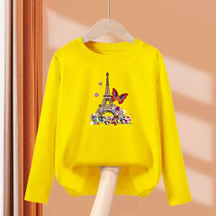 Paris Butterfly Eiffel Tower Long-Sleeve Cotton Tee for Girls