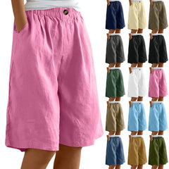 Women's Cotton Linen Capris – Loose-Fit Elastic Waist Shorts with Pockets