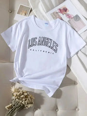 Los Angeles Letter Print Crew Neck T-Shirt – Casual Loose Fit Women’s Top