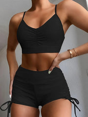 Coastal Curve High Waist Bikini Set with Drawstring Front Shorts