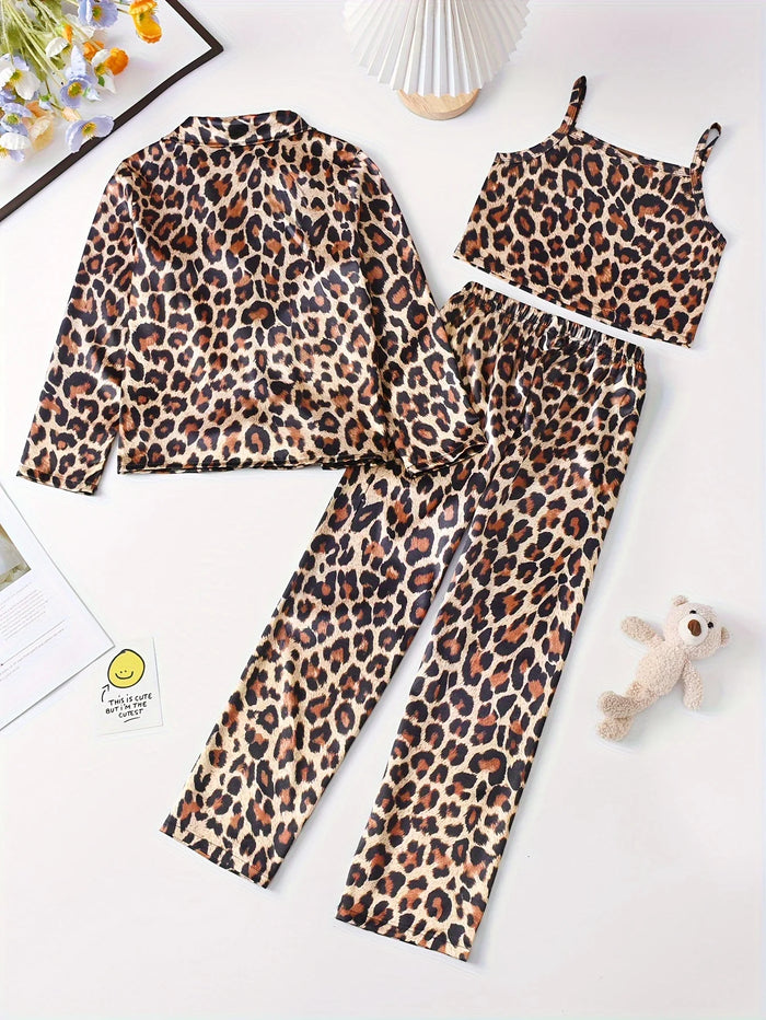 Girls' Leopard Print Satin Pyjama Set, 3-Piece Loungewear for All Seasons, image 2