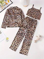 Girls' Leopard Print Satin Pyjama Set – 3-Piece Loungewear for All Seasons