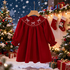Girls' Red Bow Christmas Party Dress