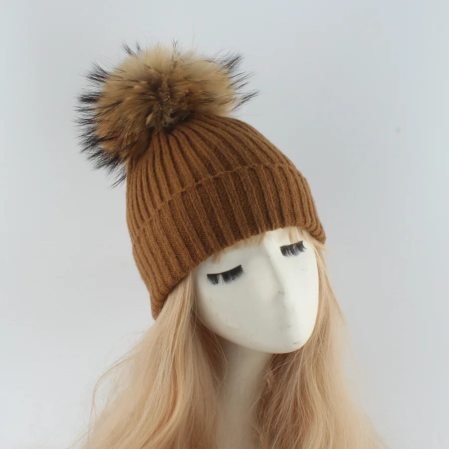 Women's Ribbed Beanie with Faux Fur Pom-Pom