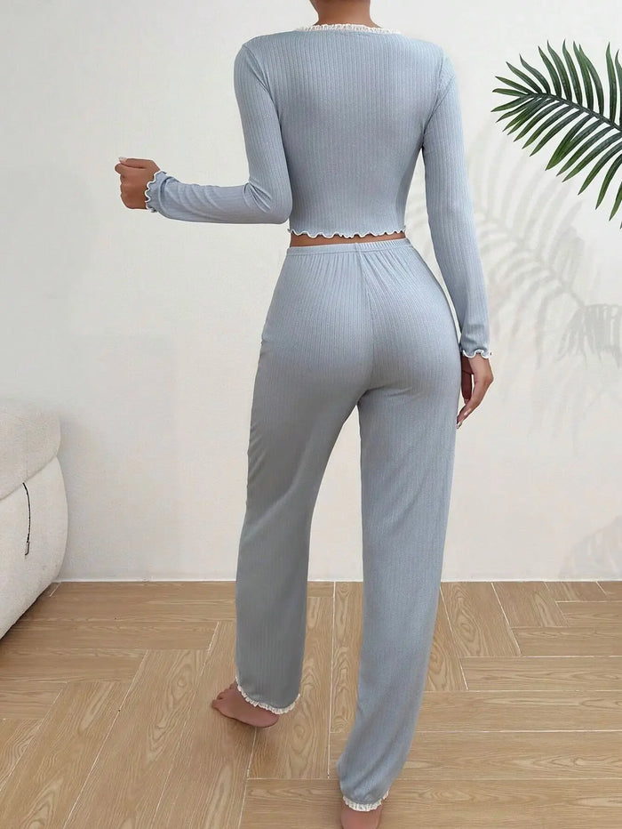 Lace Trim Long Sleeve Pyjama Set, image 2