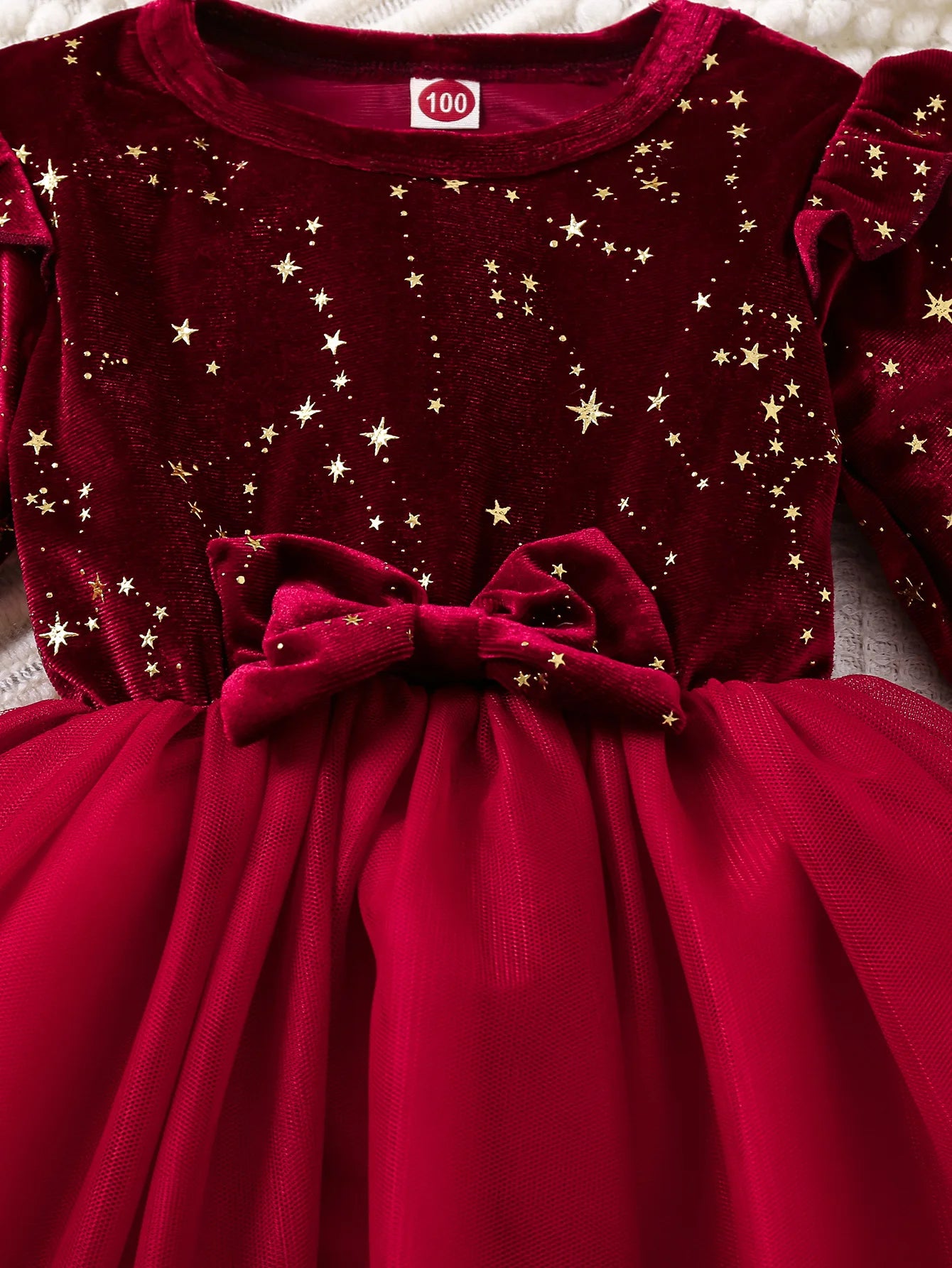 Girls' Velvet Bow Party Dress with Mesh Skirt