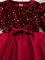 Girls' Velvet Bow Party Dress with Mesh Skirt