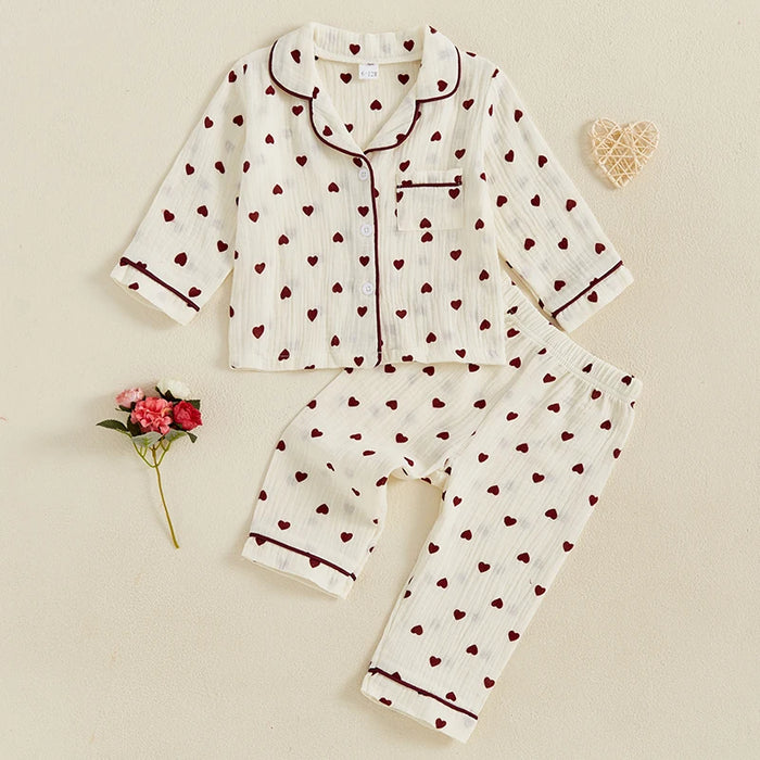 Girls’ Valentine’s Day Heart Print Pyjama Set, Long Sleeve Cotton Sleepwear, image 2