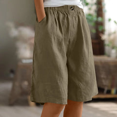 Women's Cotton Linen Capris – Loose-Fit Elastic Waist Shorts with Pockets