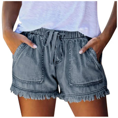 Women's Denim Shorts – Elastic Waist Casual Jean Shorts with Tassel Hem