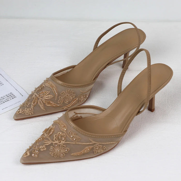 Elegance Embroidered Slingback Heels, Beige