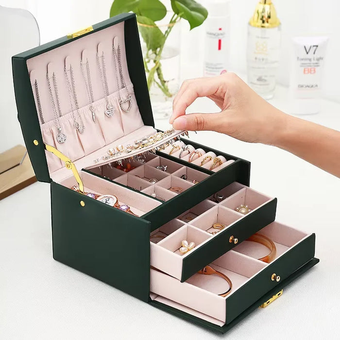 Three Tier Jewellery Box with Drawers, Faux Leather
