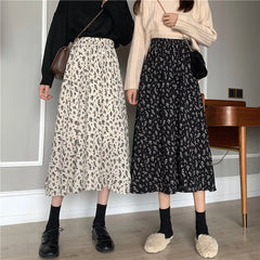 Women's Vintage Floral Midi Skirt – High Waist A-Line Pleated Skirt