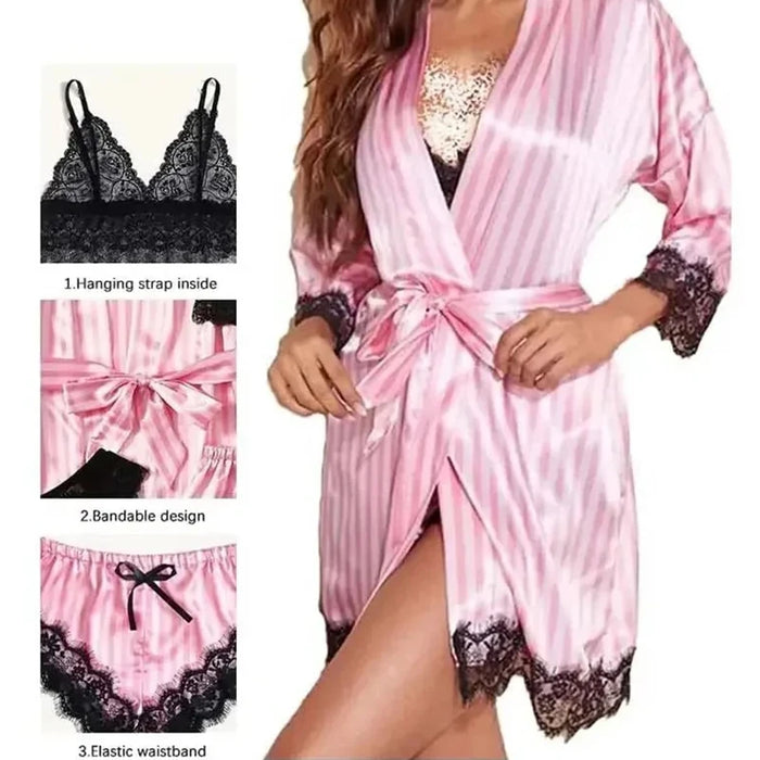 Satin Lace Trim Pajama & Robe Set, image 2