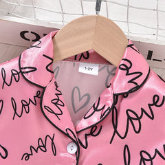 Girls’ Heart Print Pyjama Set – Long Sleeve Button-Up Sleepwear with Eye Mask