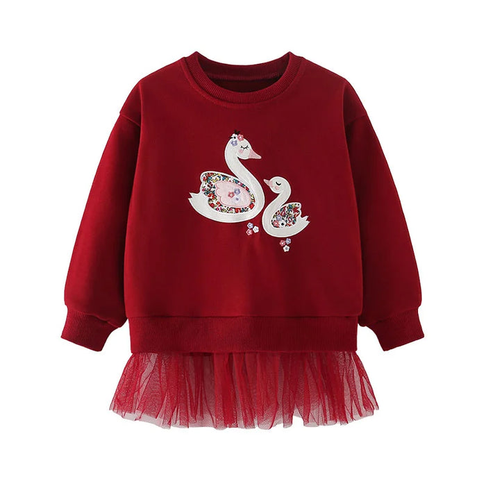 Girls' Appliqué Sweatshirt with Tulle Hem, burgundy swans design