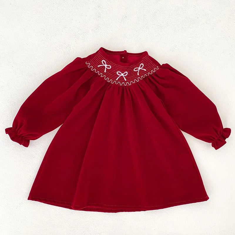 Girls' Red Bow Christmas Party Dress