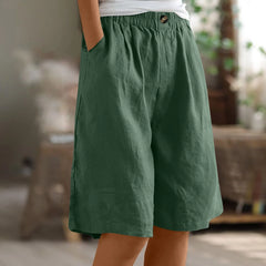 Women's Cotton Linen Capris – Loose-Fit Elastic Waist Shorts with Pockets