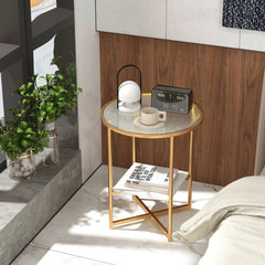 GOFLAME Tempered Glass Side Table – Modern End Table with Faux Marble Shelf