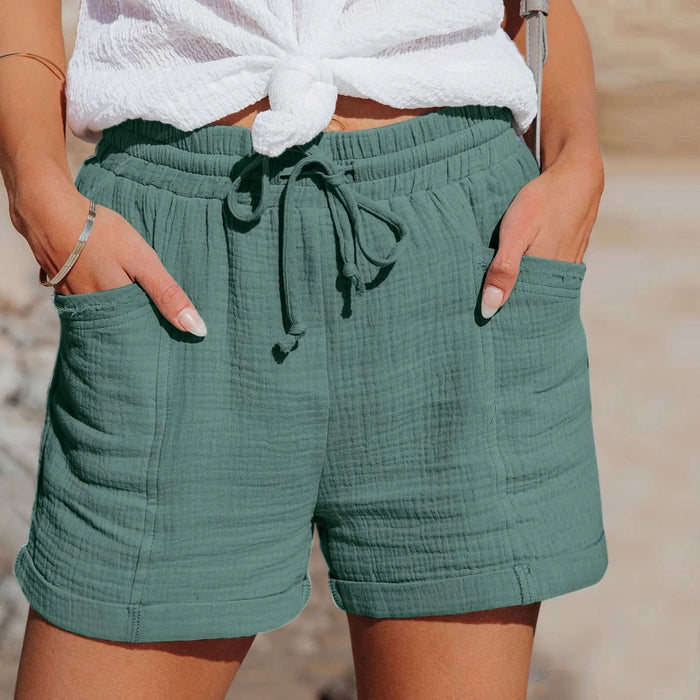 Women's Cotton Linen High-Waisted Shorts, Breathable Summer Casual Wear, Green