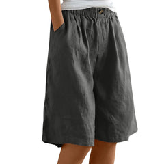 Women's Cotton Linen Capris – Loose-Fit Elastic Waist Shorts with Pockets
