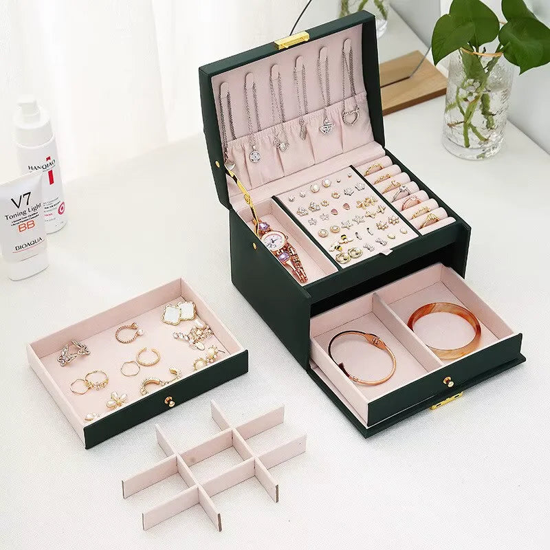 Three Tier Jewellery Box with Drawers, Faux Leather