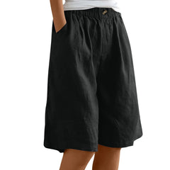 Women's Cotton Linen Capris – Loose-Fit Elastic Waist Shorts with Pockets